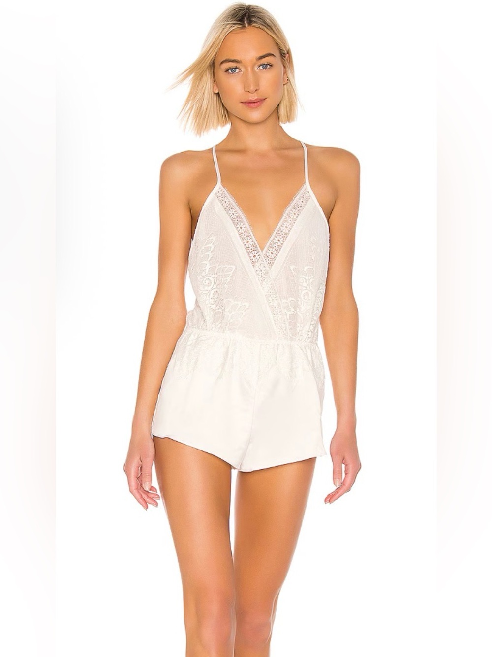 NWT Flora Nikrooz Genevive Charmeuse Lace Romper in Antique Ivory